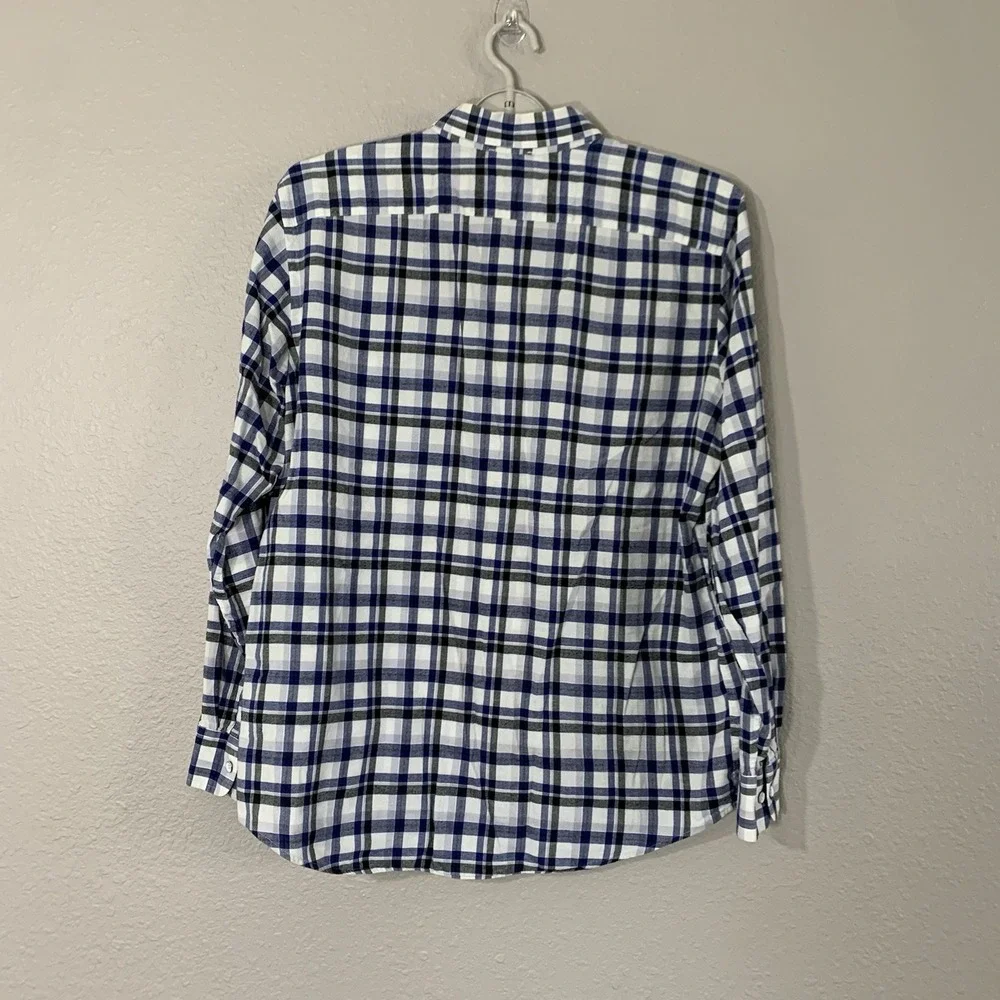 Banana Republic Men's Lg White Blue‎ Black Plaid Button Down Shirt Standard Fit
